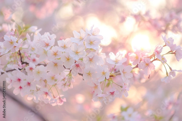 Fototapeta The image shows a close-up of a branch of cherry blossoms.