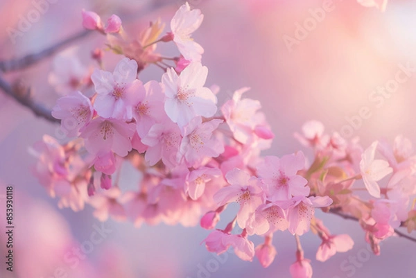 Fototapeta The image shows a close-up of a branch of cherry blossoms.