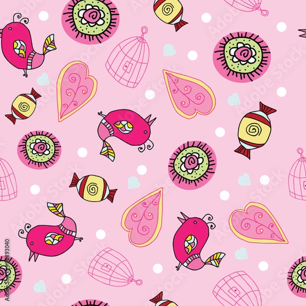Fototapeta seamless pattern with birds , hearts , candy. 2