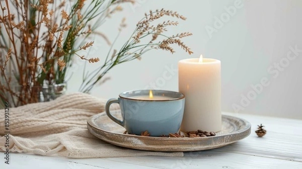 Fototapeta A soothing composition featuring a cup of coffee and a lit candle on a plate, accented with knitwear and pinecones