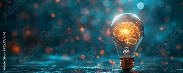 Obraz A light bulb with the glowing brain inside, symbolizing creativity and innovation in business concept on dark blue background