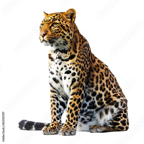 Obraz Leopard Sitting and Looking Forward Isolated on White Background,cutout on transparent backgrounds.