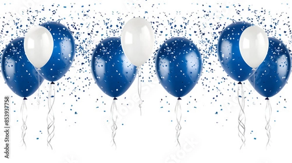 Fototapeta Blue and White Balloons with Confetti,cutout on transparent backgrounds.