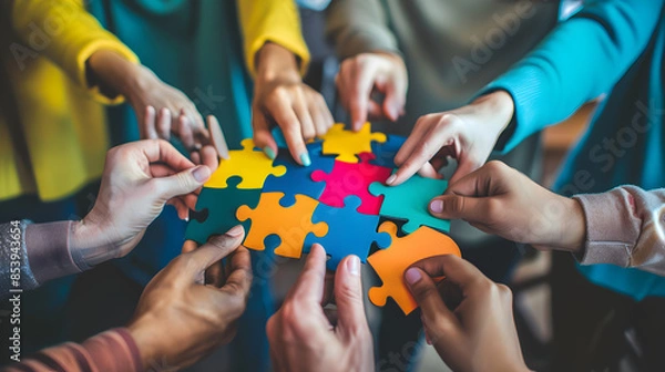 Fototapeta Mental health awareness with diverse hands holding puzzle pieces together.


