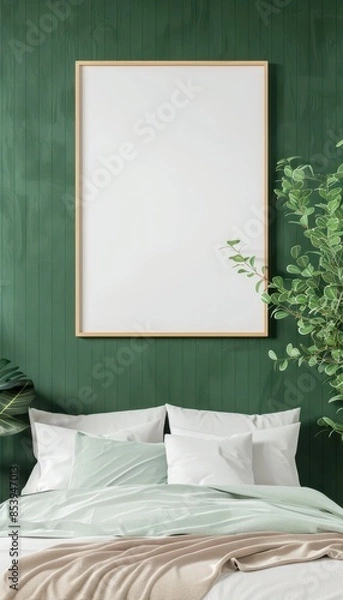 Fototapeta Cozy bedroom interior with blank picture frame on green wall and comfortable bedding. Perfect mockup for art and design presentations.
