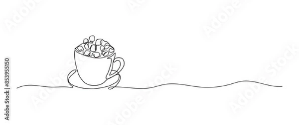 Fototapeta Hot cocoa marshmallows continuous one line drawing, single line art element, minimalist sketch line vector illustration, christmas winter new year concept