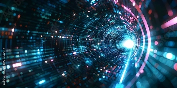 Obraz Abstract tech tunnel with vibrant digital data stream creating futuristic visualization. Concept Futuristic Technology, Digital Data Stream, Abstract Tunnel, Vibrant Visualization