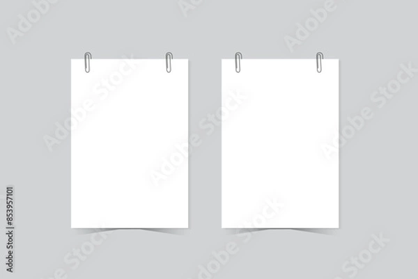 Fototapeta Paper poster hanging on clip and string, photo gallery mockups. Empty picture canvas display