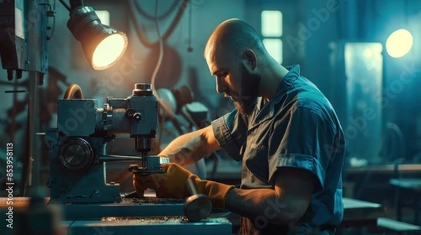 Fototapeta Blue-Collar Worker Using Milling Machine In Workshop