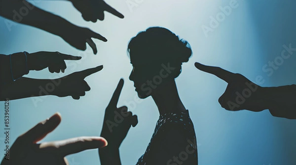 Fototapeta Mental health stigma shown through silhouettes pointing fingers at a person.


