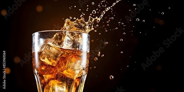 Fototapeta Pouring soda into glass creating fizzy splash with dark bokeh background. Concept High-Speed Photography, Fizzy Splash, Dark Bokeh, Pouring Soda, Glassware