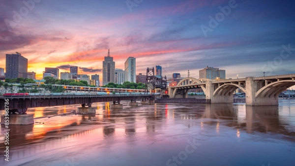 Obraz Saint Paul, Minnesota, USA. Cityscape image of downtown St. Paul, Minnesota, USA with reflection of the skyline in Mississippi River at beautiful summer sunset.