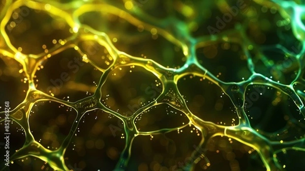 Fototapeta A closeup of an organic cell structure, with glowing green and yellow veins on a dark background.