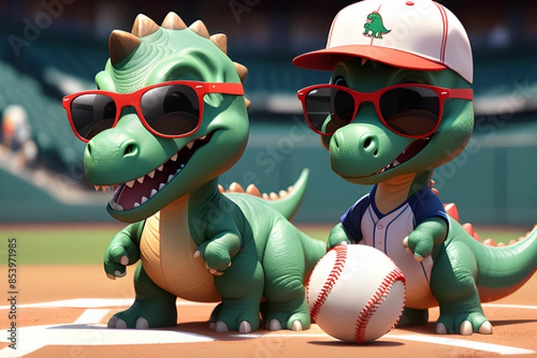Obraz A cute dinosaur playing baseball