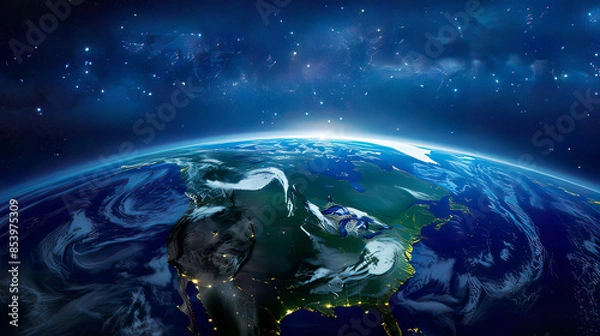 Fototapeta Ultra-detailed depiction of planet Earth from an outer space viewpoint showing realistic surface and world map vivid blue and green tones starry night sky backdrop