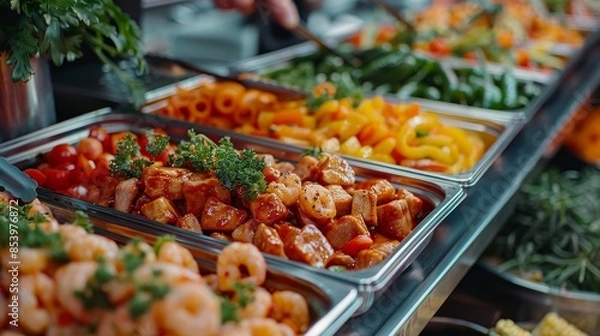 Fototapeta A display of shrimp stew, fresh vegetables, peppers, and herbs in buffet trays