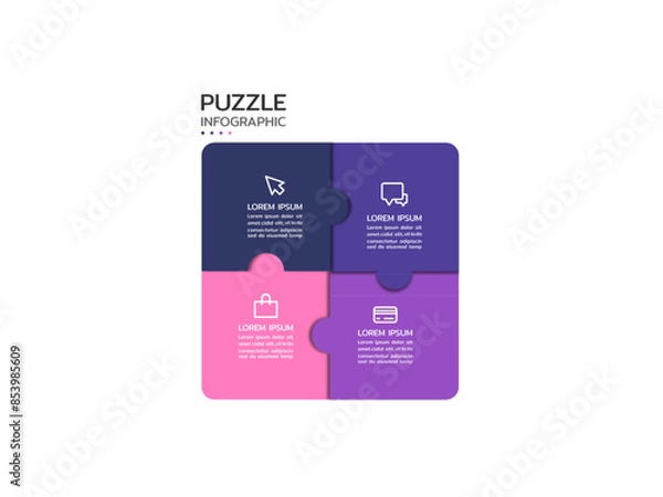 Obraz Puzzle infographic with four piece business presentation. Circle infograph. 4 Step puzzle round process diagram.