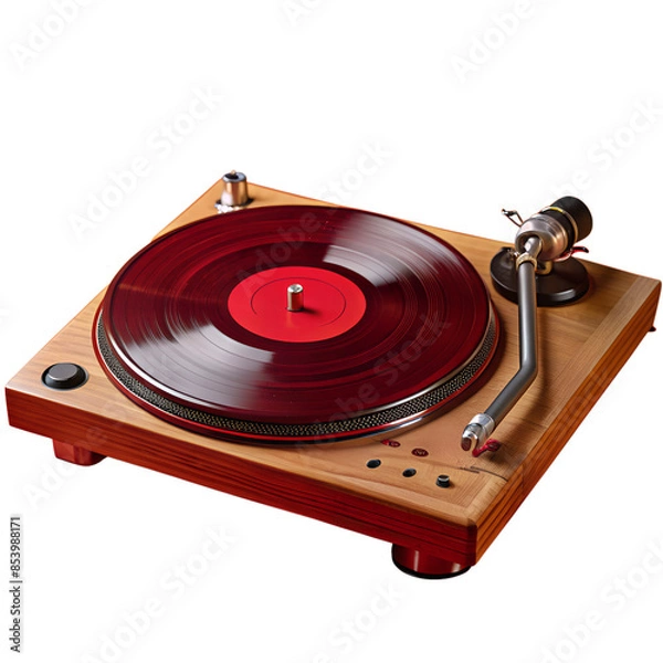Fototapeta Vintage wooden turntable playing red vinyl record. Perfect for retro music enthusiasts and collectors. Capture the nostalgia of analog sound.