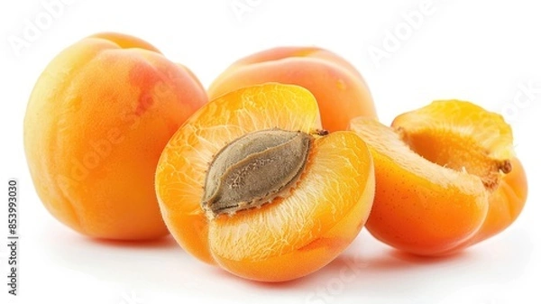 Fototapeta Fresh ripe apricots, some whole and sliced, with visible pits