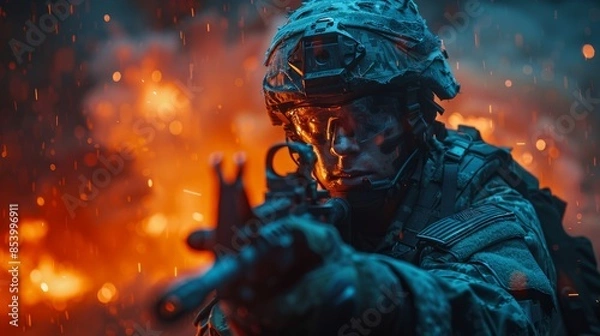 Fototapeta An intense composition with a soldier holding a weapon amidst vibrant flames, identity concealed