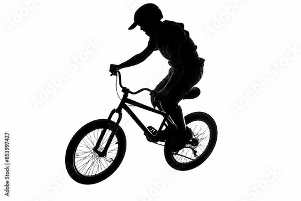 Fototapeta A man is riding a bike and doing a trick. The image is in black and white and has a moody, dramatic feel to it