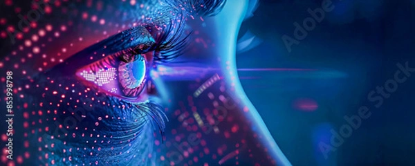 Fototapeta Foto de un ojo con datos digitales fluyendo a través de él sobre un fondo azul oscuro y morado, en un primer plano. El concepto muestra el uso de tecnología biométrica ocular para seguridad