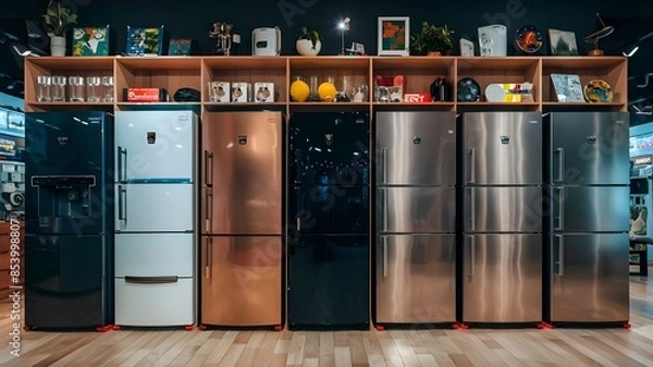 Obraz Fashionable Refrigerators in High-Tech Appliance Store - Smart Technology Display