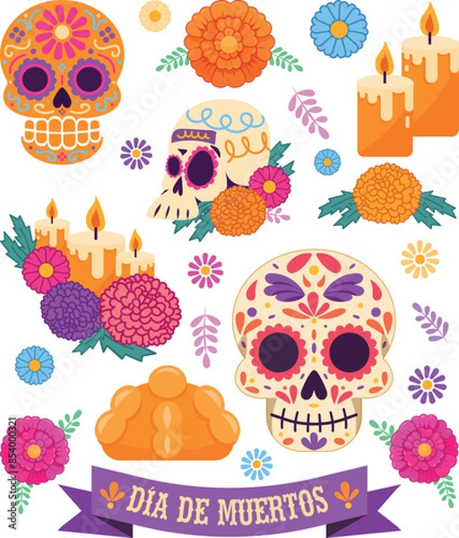 Obraz recursos día de muertos México como calaveritas, flor cempasúchil, velas y pan de muerto