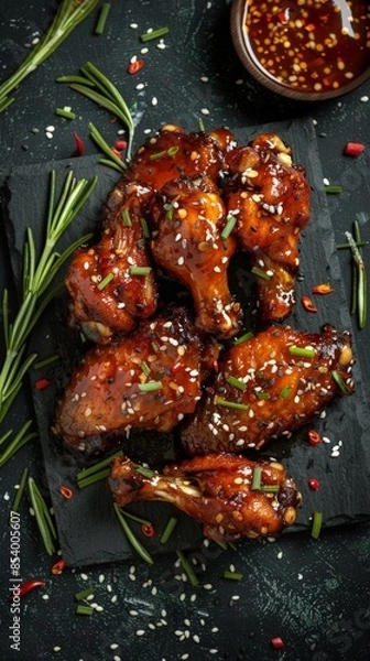 Fototapeta Appetizing Spicy Korean Chicken Wings Garnished with Sesame Seeds