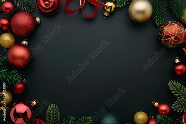 Fototapeta Dark Christmas background, flat lay copy space backdrop with Christmas decorations
