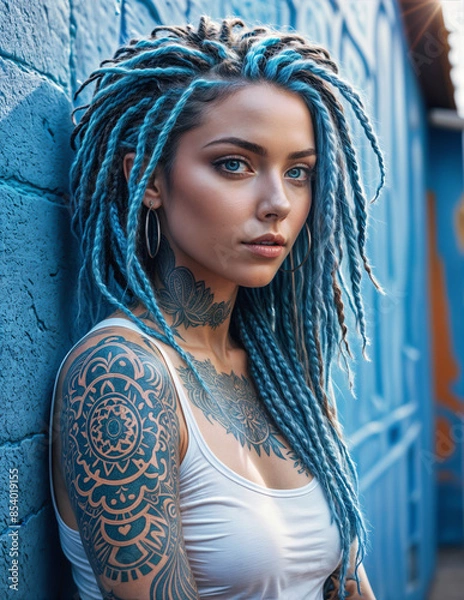 Obraz Portrait of a tattooed woman with blue dreadlocks and blue eyes in front of a blue wall. - Generative AI