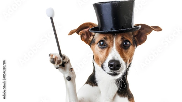 Fototapeta Dog magician performing tricks with a top hat and magic wand.


