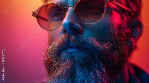 Fototapeta A partial view of a person wearing sunglasses and earrings with a blurred face and colorful backdrop