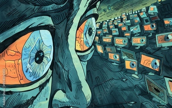 Fototapeta An editorial cartoon through a comically absurd, sardonic lens, lambasting government overreach, privacy violations, and mass surveillance policies