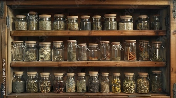 Fototapeta A wooden shelf filled with many glass jars, perfect for storing and displaying kitchen or bath essentials