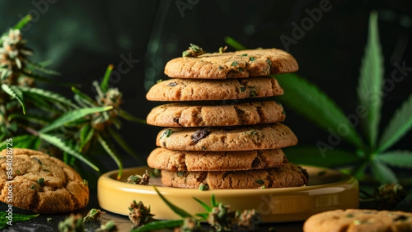 Obraz A stack of cannabis-infused cookies surrounded by marijuana leaves, showcasing a gourmet approach to edibles with a blend of natural and herbal ingredients.
