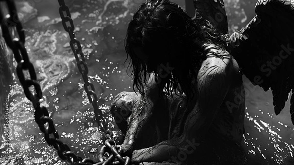 Fototapeta fallen angel in chains, dark and moody scene with water reflections, sorrowful and captive, black and white
