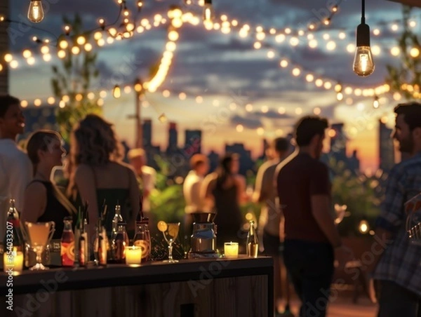 Fototapeta A CG 3D rendering of a rooftop summer party, people mingling with drinks, string lights overhead, urban skyline in the background, warm and lively ambiance