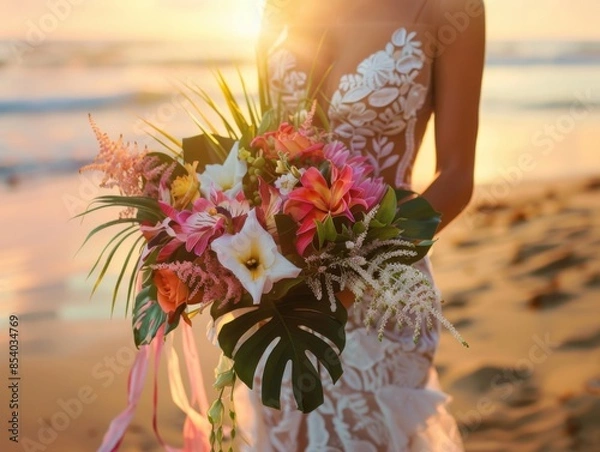 Fototapeta Close-up shot of an elegant summer beach wedding, the bride holding a bouquet of tropical flowers, soft ocean waves in the background, photorealistic detail, warm and golden light