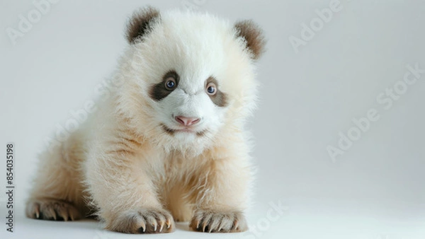 Obraz A rare albino panda with striking white and pale fur, sitting gracefully in a minimalist studio setting, showcasing its unique and beautiful appearance.
