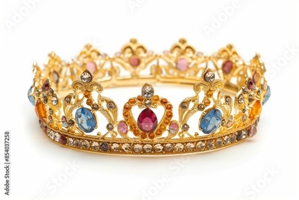 Fototapeta Beautiful gold crown with gems isolated on white, Exquisite Gold Crown with Sparkling Gems, A Symbol of Royalty, Luxurious Isolated Gold Crown, Elegance in Precious Detail