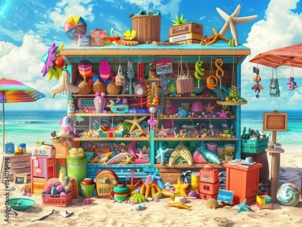 Fototapeta Wide-angle scene of a seaside stall overflowing with unique summer gifts and beach souvenirs