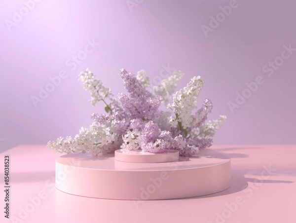 Fototapeta Ai Generated Art  Pink Plate Against Pastel Violet Pink Background with Light Violet Lilacs in the Background