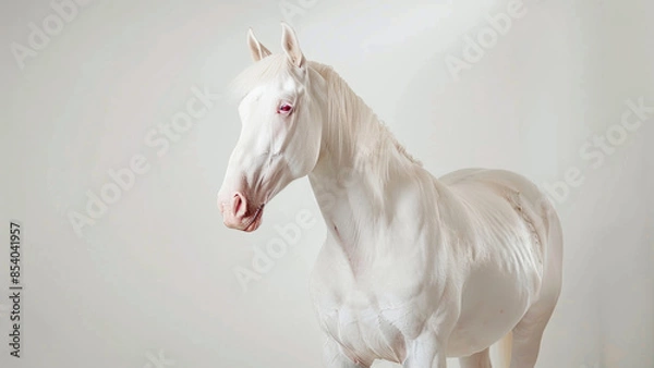 Obraz A rare albino horse with striking white and pale mane, standing majestically in a minimalist studio setting, showcasing its unique and beautiful appearance.
