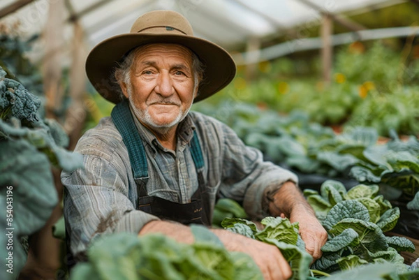 Obraz Elderly gardener happily tending to organic greenhouse vegetables: A portrait of joy and sustainability in action