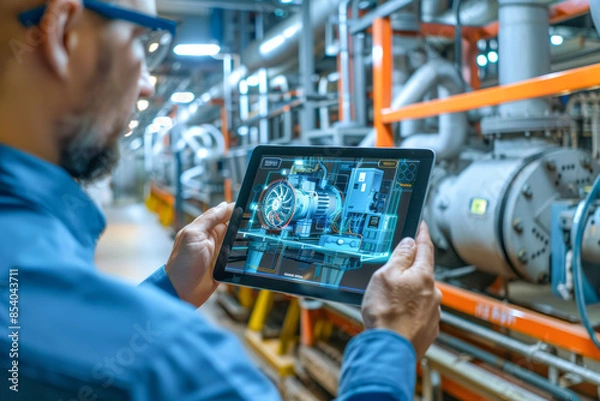 Fototapeta Innovative Chief Engineer Utilizes Augmented Reality for Electric Generator Model in Industry 4.0 Research and Development Center.
