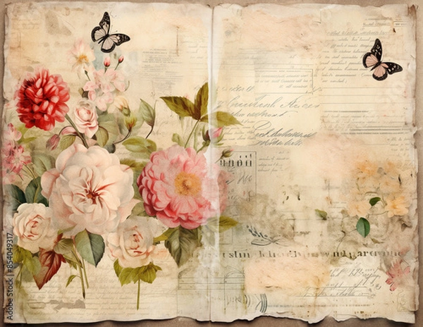 Obraz Vintage background with flowers. Shabby chic paper for junk journal. Scrapbooking floral paper. Generative AI.