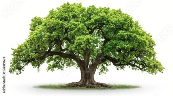 Fototapeta A majestic oak tree stands isolated, its expansive, lush green canopy sprawling against a clear sky.