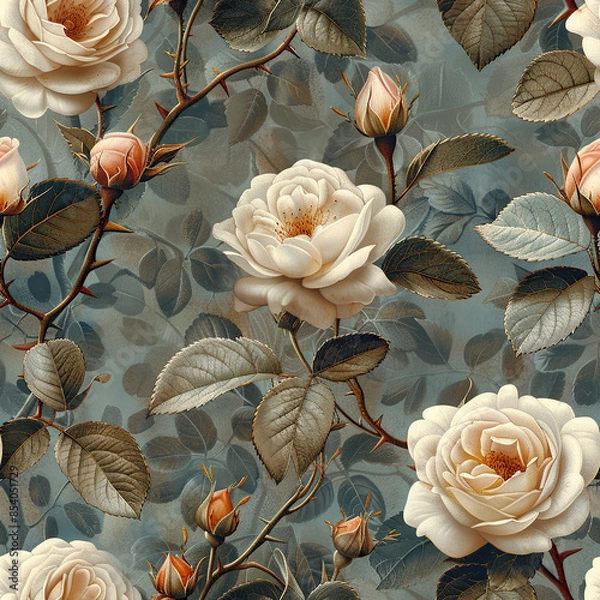 Fototapeta seamless botanical flower vintage pattern on dusty