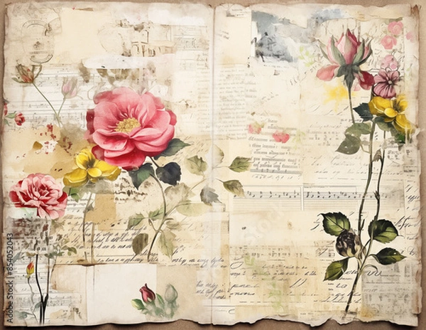 Obraz Vintage background with flowers. Shabby chic paper for junk journal. Scrapbooking floral paper. Generative AI.